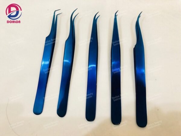 Blue Titanium Eyelash Tweezers Set